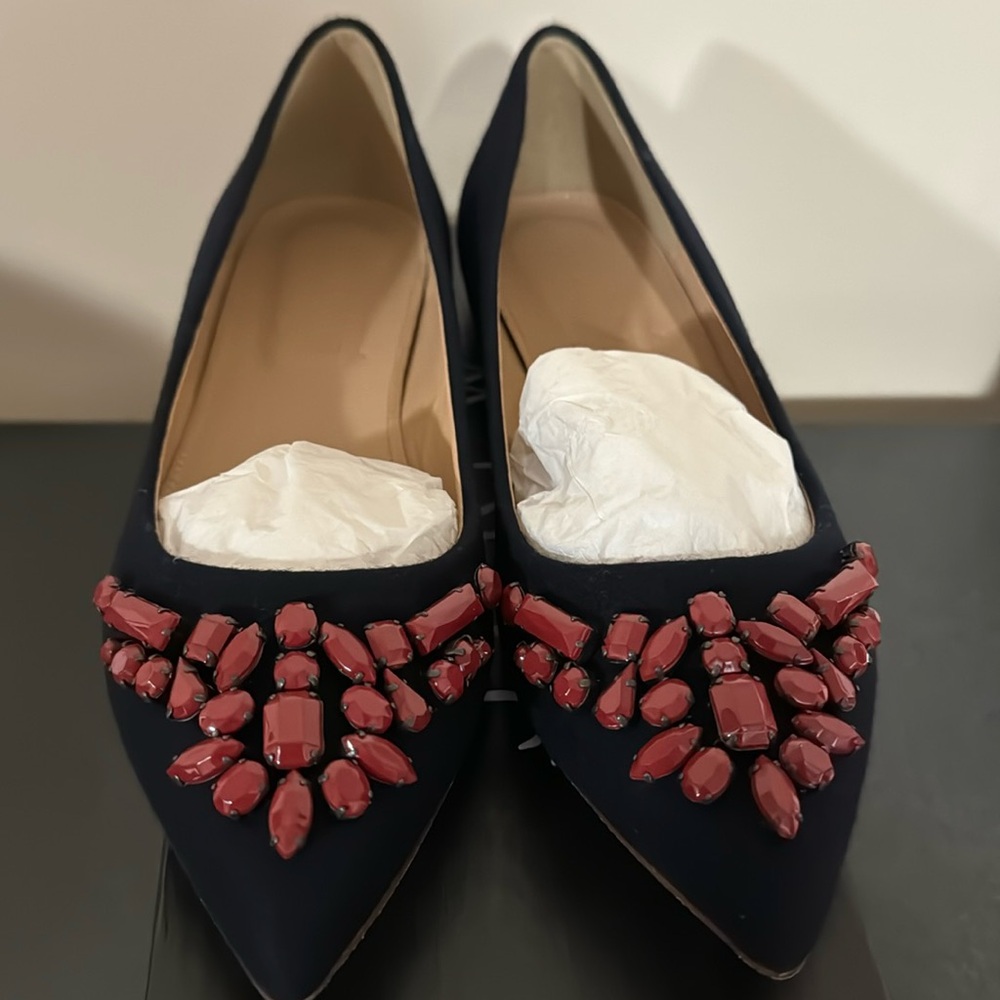 J Crew Viv Navy Jeweled flannel flats size 8.5